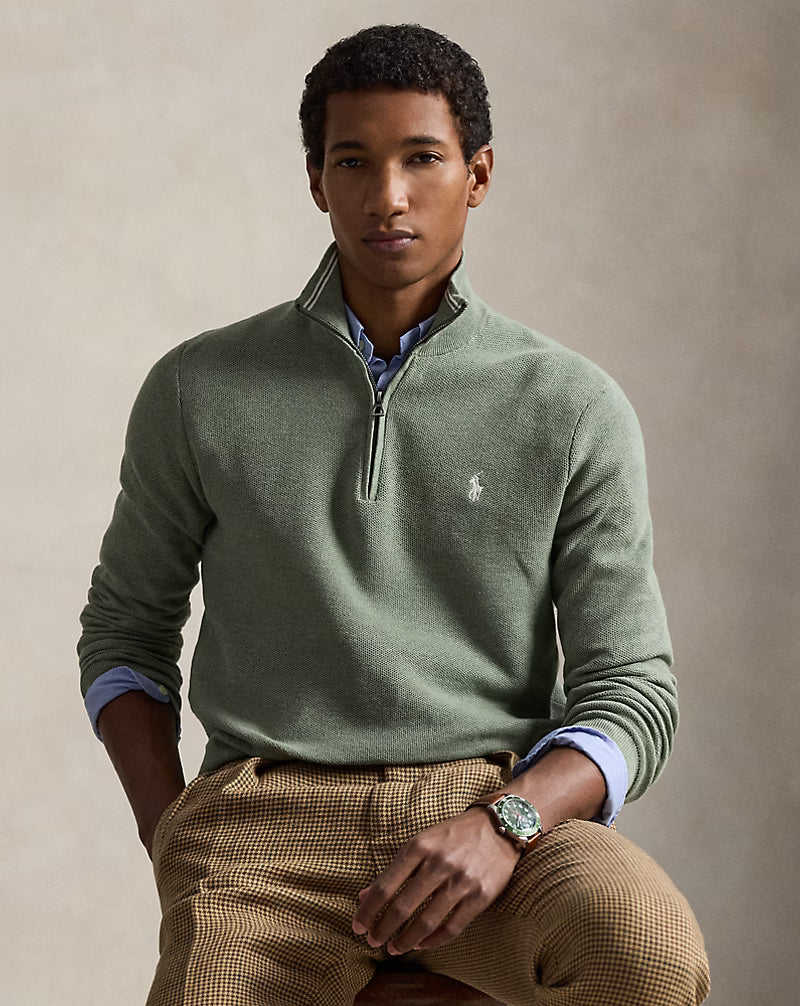 Jersey de algodón de punto de malla con cremallera de un cuarto