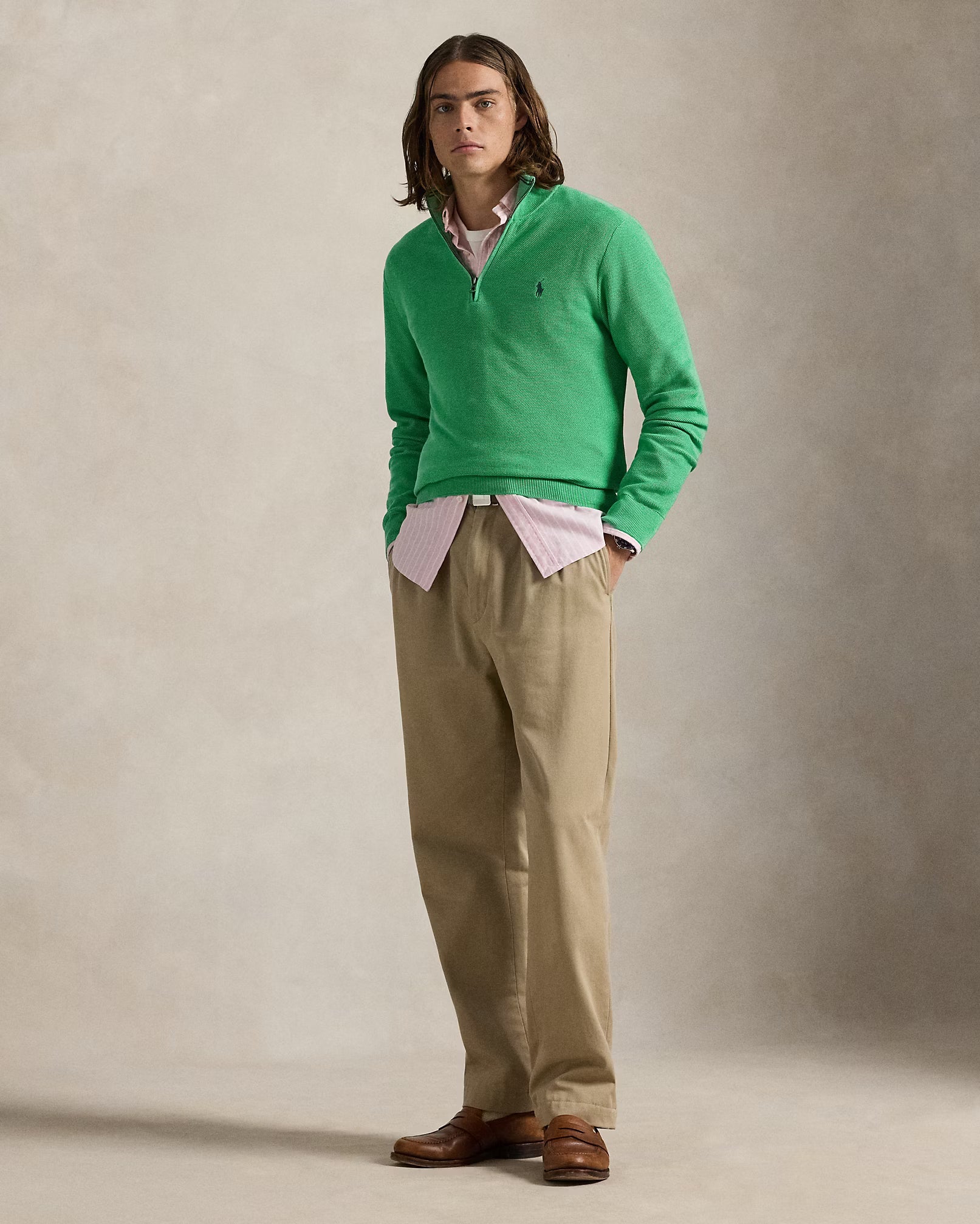 Jersey de algodón de punto de malla con cremallera de un cuarto