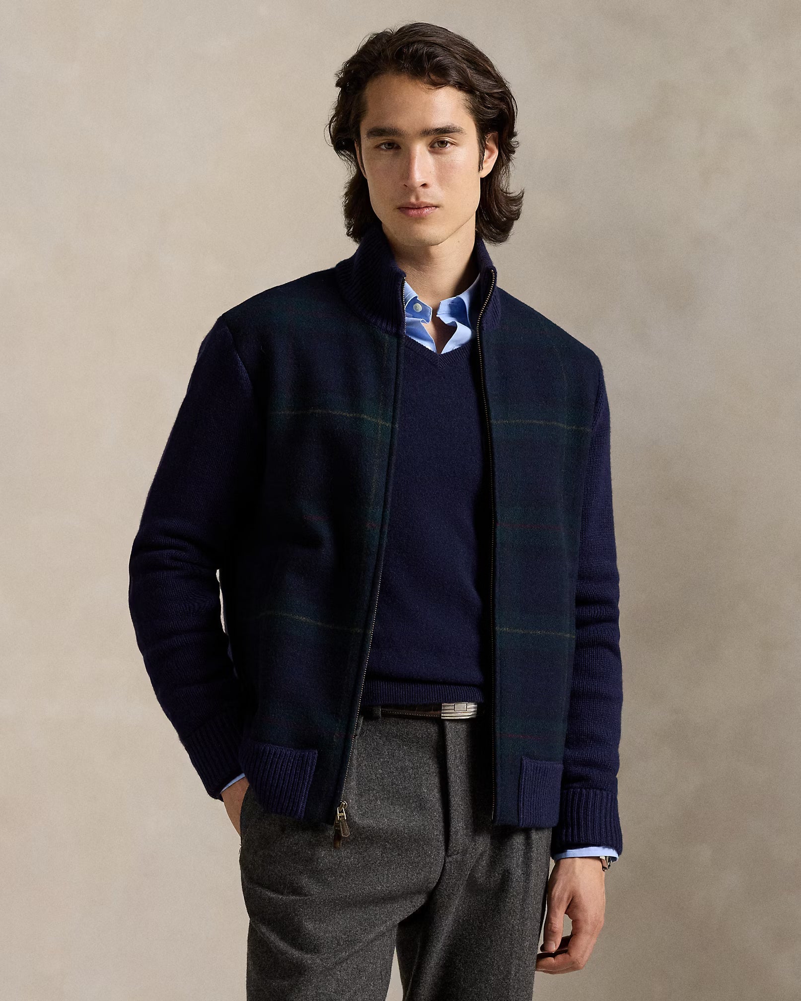 Jersey polo con cremallera y estampado de cuadros escoceses