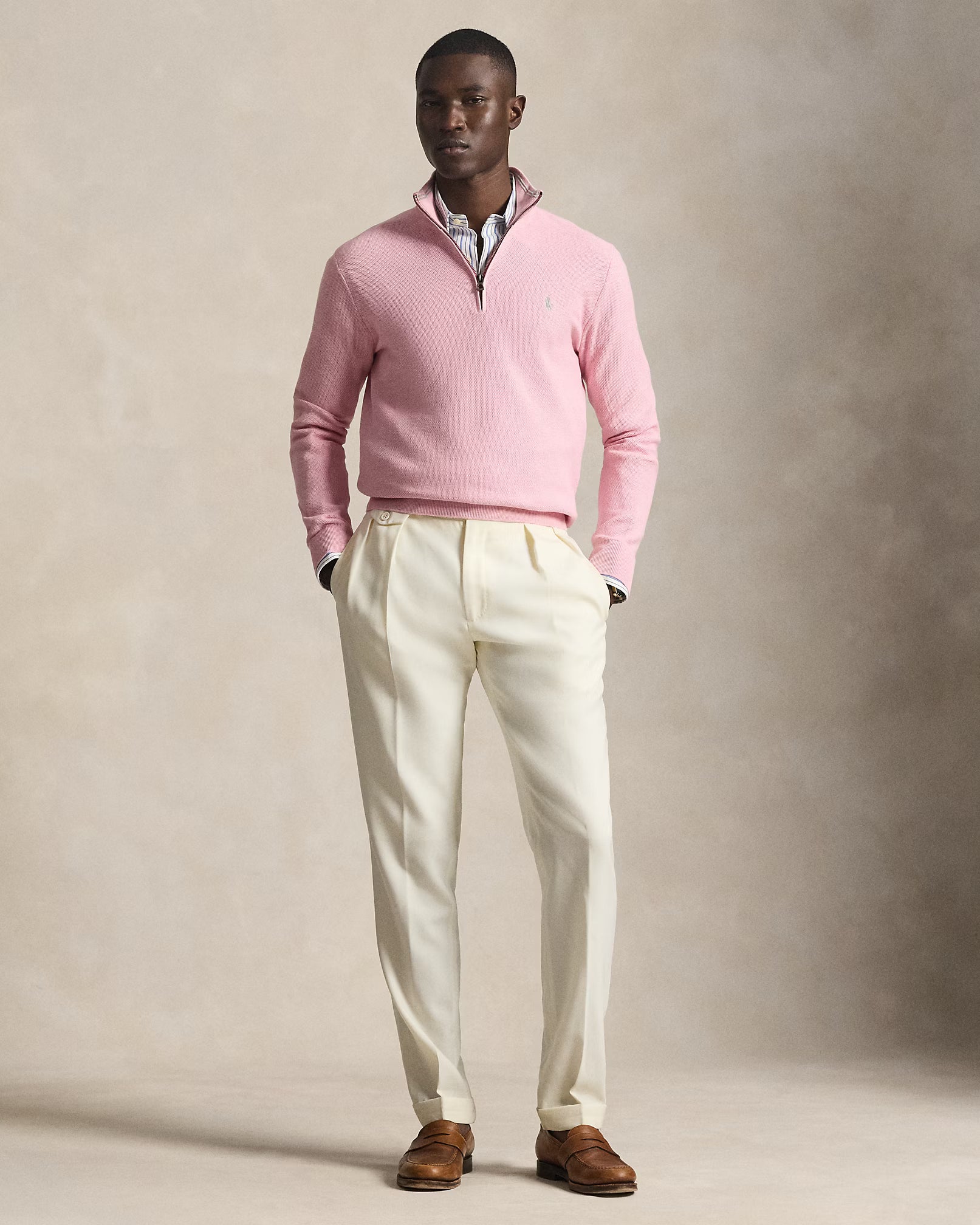 Jersey de algodón de punto de malla con cremallera de un cuarto